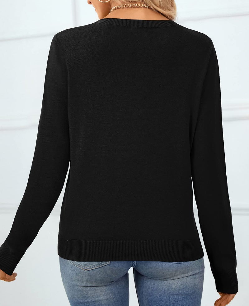 QUALFORT Sweaters for Women Crewneck Sweater 100% Cotton Soft Knit Pullover Tops Black Large - Image 2